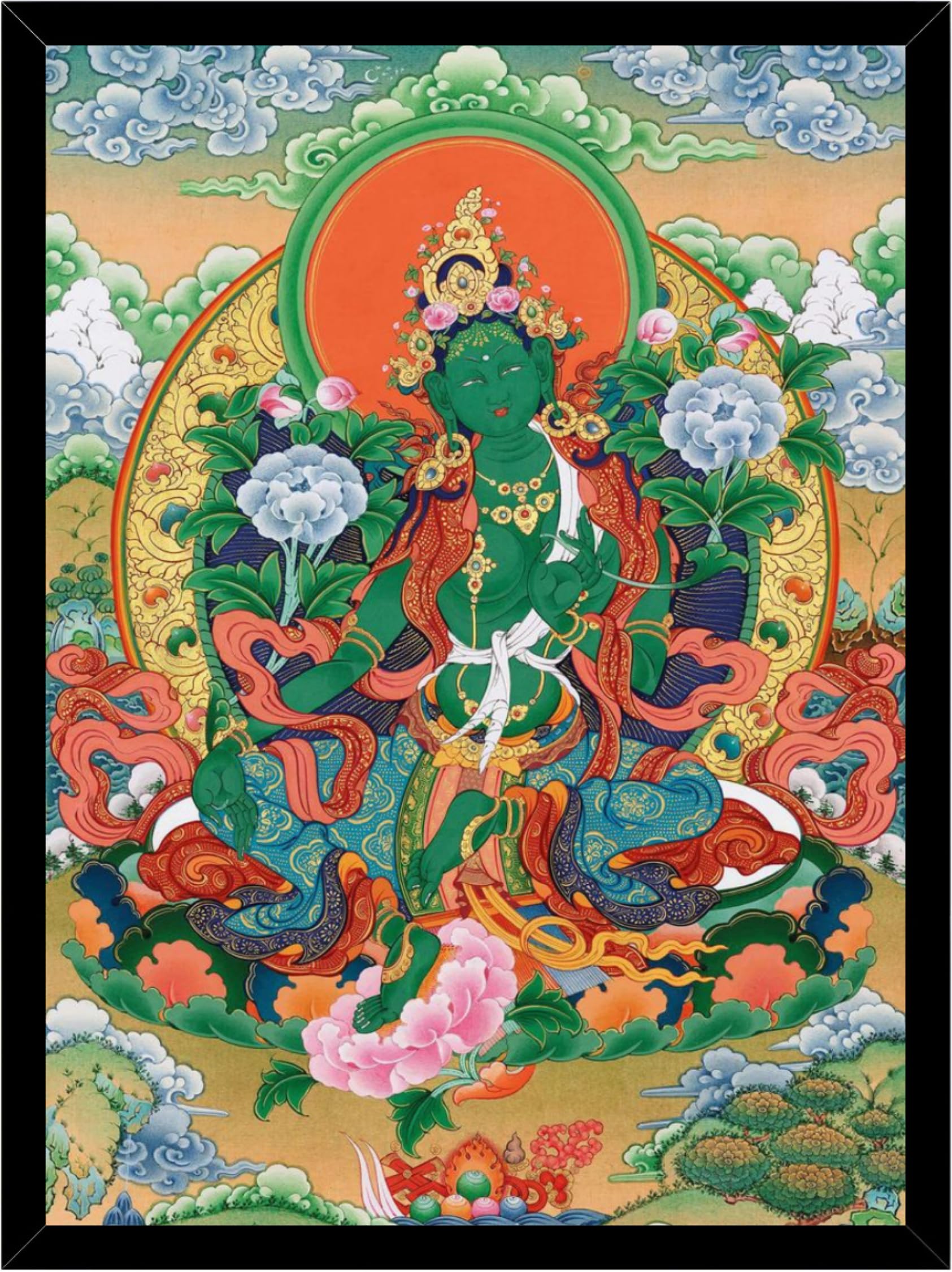 DIVARTH Green Tara Maa Photo with Frame | Thangka Painting | Tibetan Thangka Paintings for Meditation Wall Decor, Yoga Room & Home Temple | 10x13 Inch