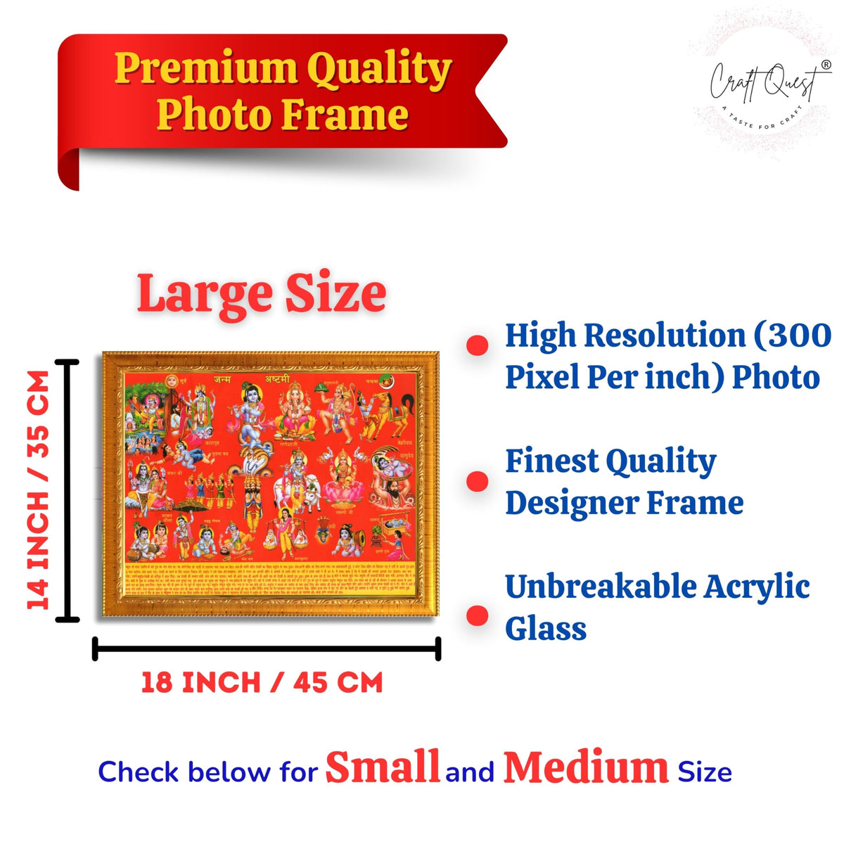 CRAFT QUEST Krishna Janmashtami Photo with Frame, Janmashtami Painting, Hindu God Wall Art, Spiritual Photo for Home Decor, Pooja Room, Gift Frame