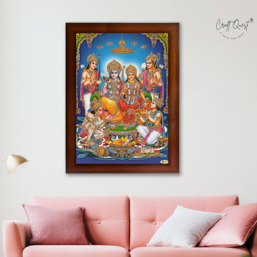 CRAFT QUEST Ram Darbar Lord Shri Ram Ji Sita Mata Parivar Family Wall Painting Framed Home and Pooja Decor