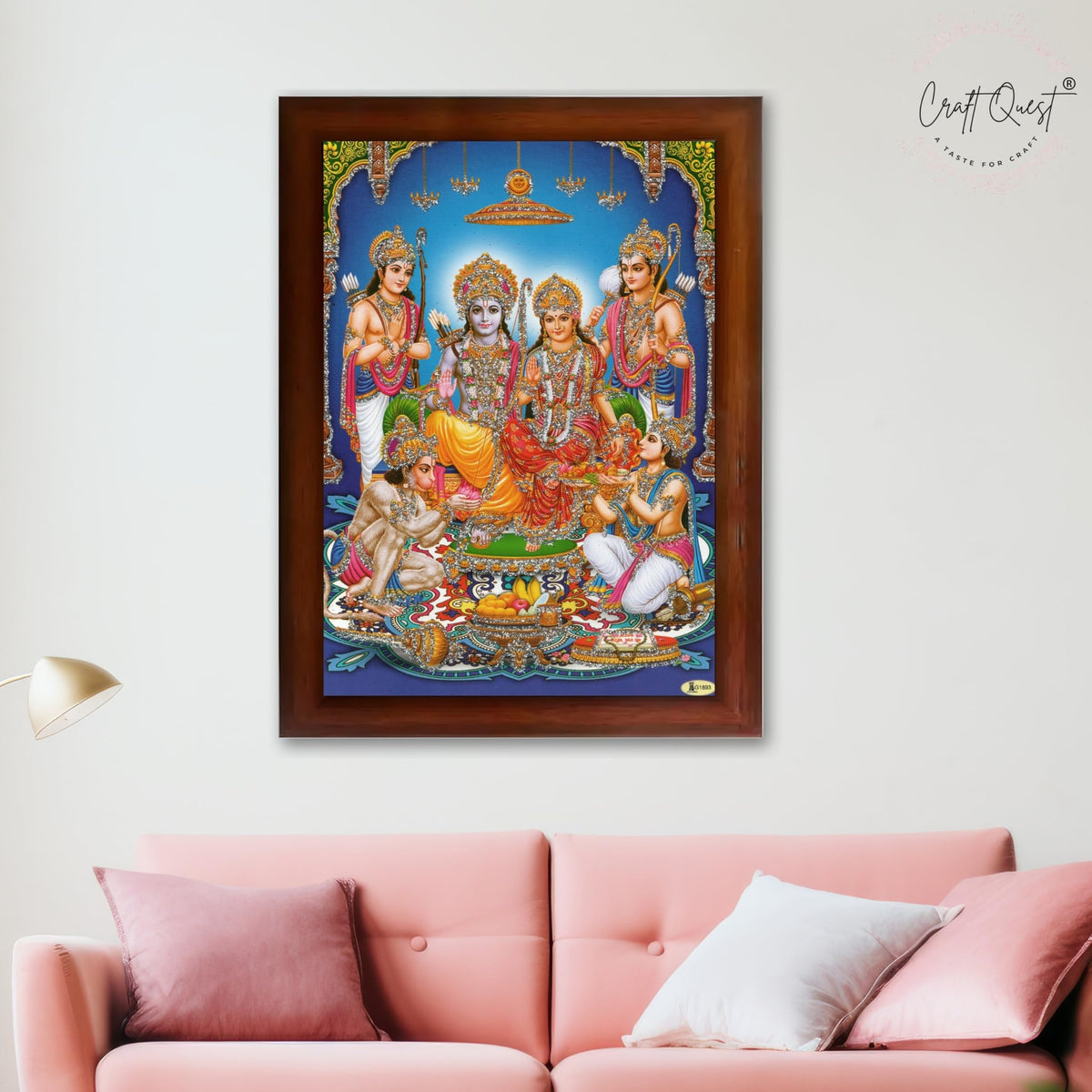 CRAFT QUEST Ram Darbar Lord Shri Ram Ji Sita Mata Parivar Family Wall Painting Framed Home and Pooja Decor
