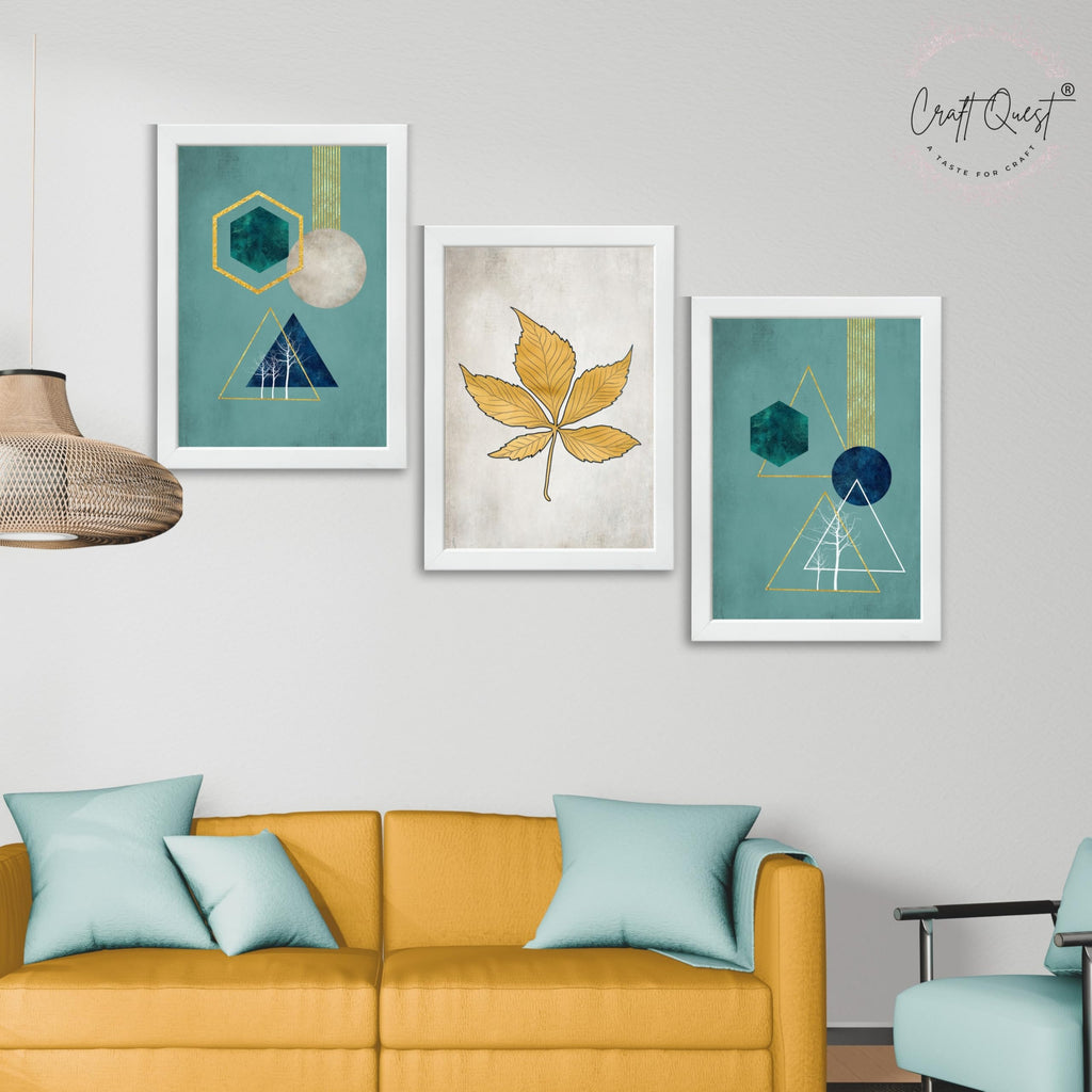 CRAFT QUEST Modern Art Shapes & Leaf Abstract | Set of 3 Frames for Home Decoration | Ideal for Living Room, Bedroom & Offices