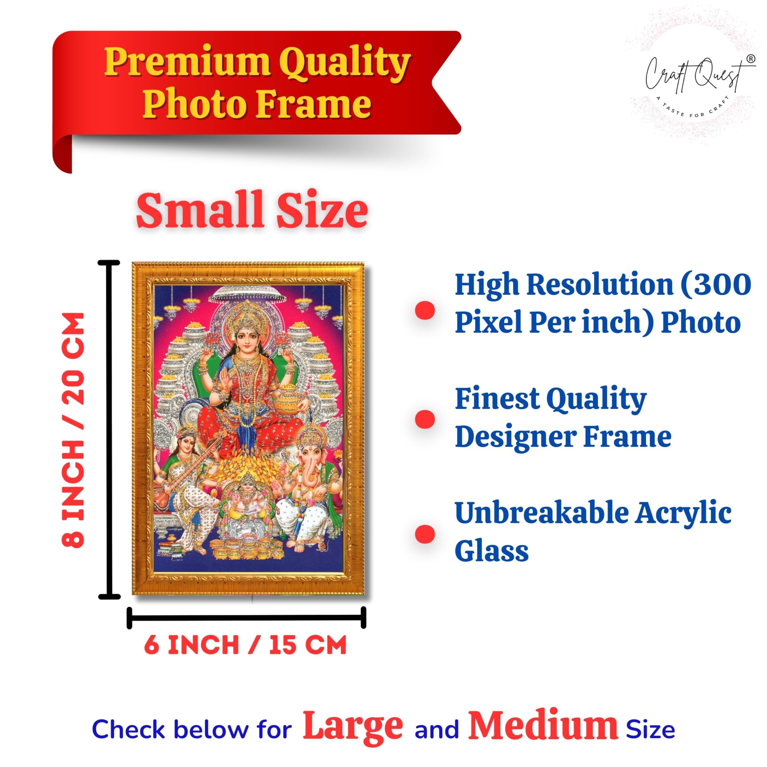 CRAFT QUEST Lord MahaLaxmi Ganesh Saraswati Ji Religious Hindu Photo Frame for Diwali,Wall, Table, Office, Temple, Pooja, Living Room and Decor