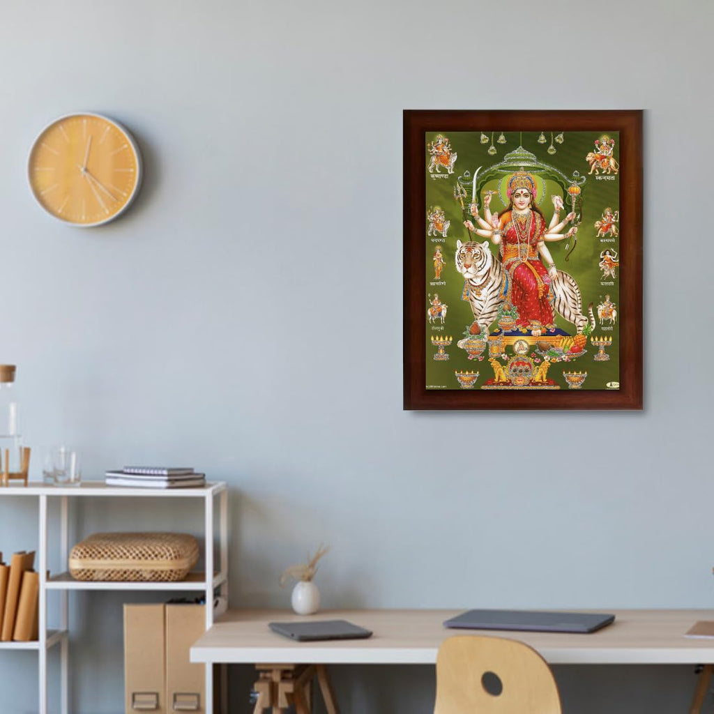 CRAFT QUEST Nav Durga mata photo with frame, God Religious Framed Painting (Large Size, Brown 14 X 10 Inches. Multicolour)