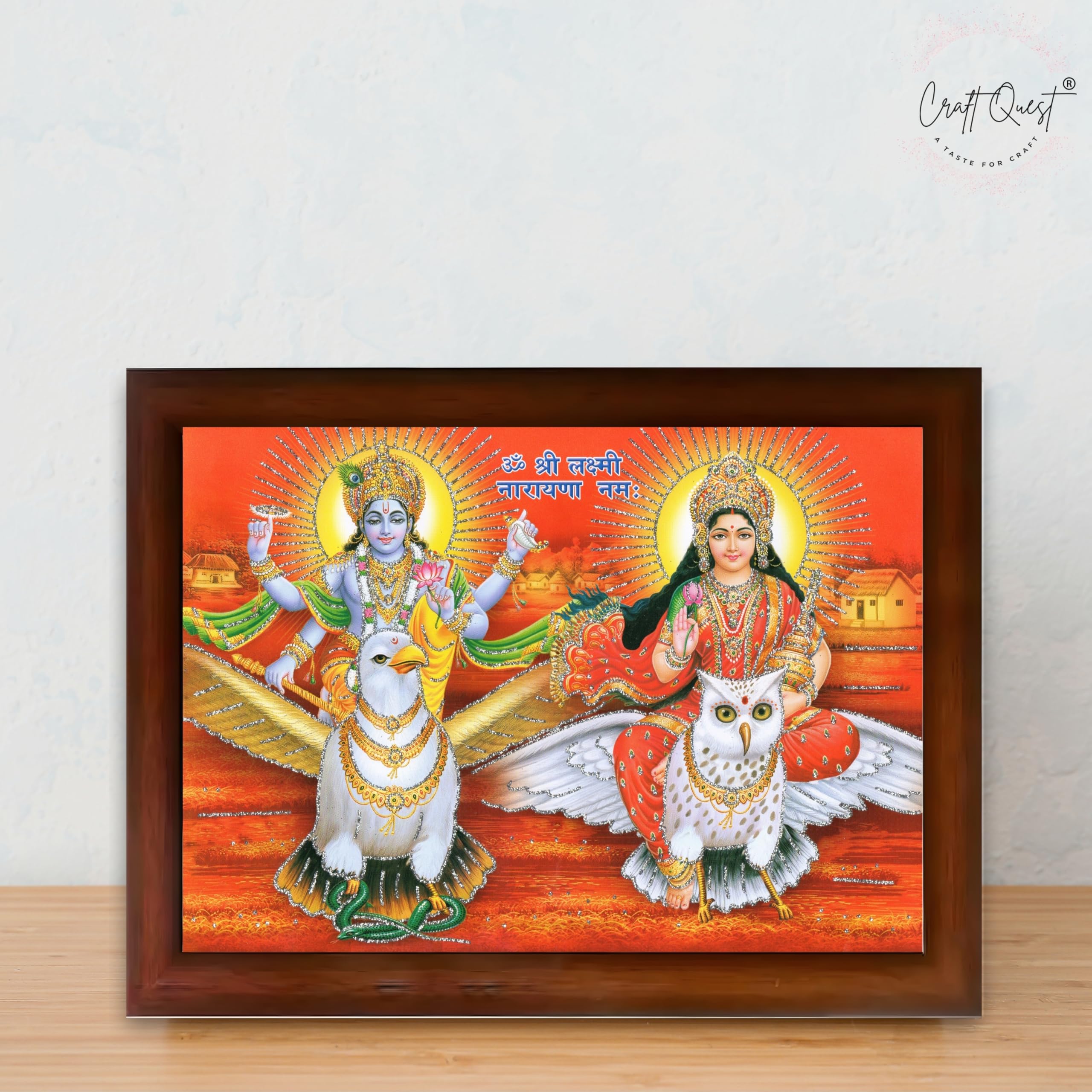CRAFT QUEST Lord Vishnu and Goddess Lakshmi Giving Blessing on Garud Jii, Glitter Work Painting wooden frame