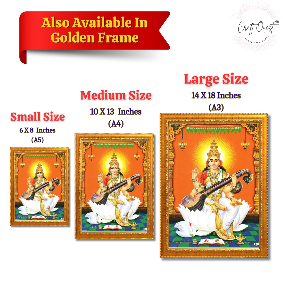 CRAFT QUEST Saraswati Devi Goddess Saraswathi Maa Wall Painting For Home Décor Synthetic wood Framed