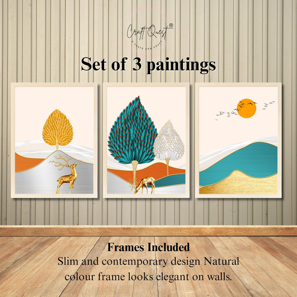 CRAFT QUEST Modern Art Landscapes Sanlian Adornment Abstract Wall Art | Set of 3 Frames for Home Decoration | Ideal for Living Room, Bedroom & Offices