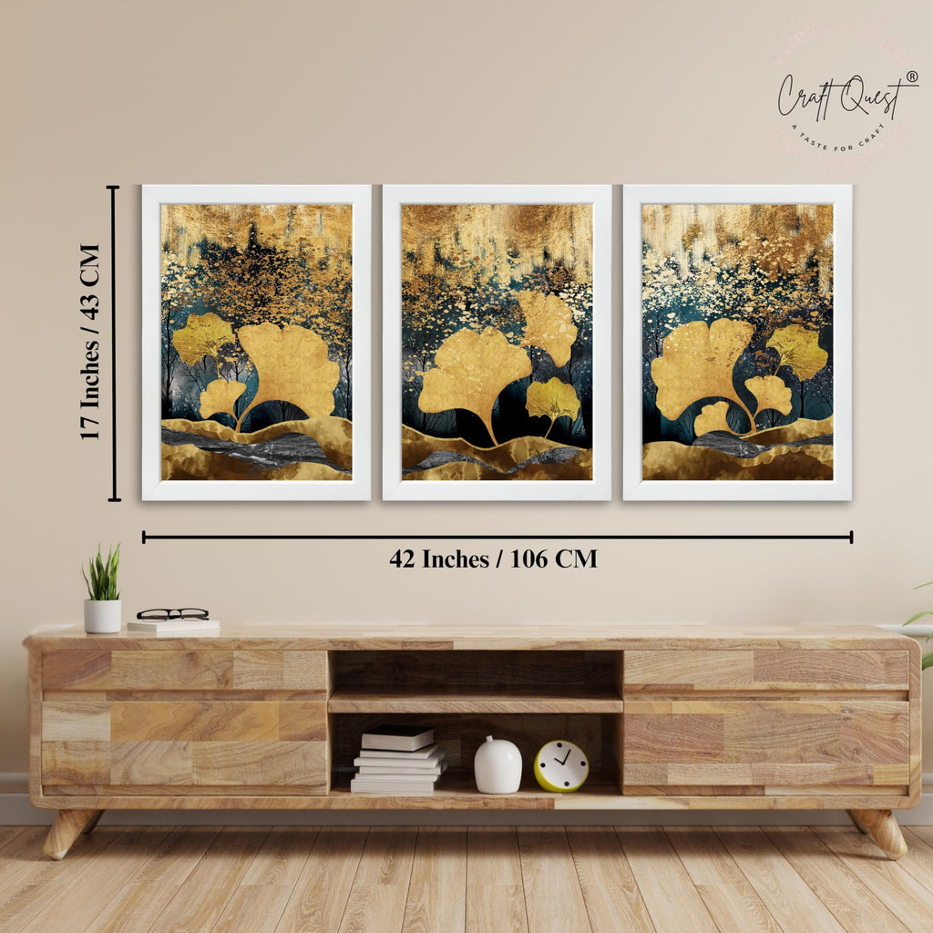 CRAFT QUEST Modern Art Of Ginko Leaves With Golden Mountains Wall Art | Set of 3 Frames for Home Decoration | Ideal for Living Room, Bedroom & Offices