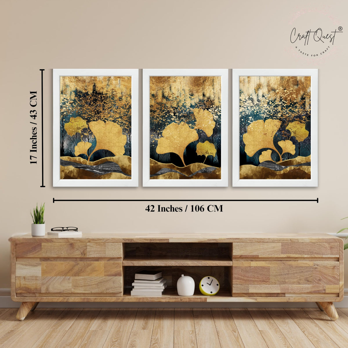 CRAFT QUEST Modern Art Of Ginko Leaves With Golden Mountains Wall Art | Set of 3 Frames for Home Decoration | Ideal for Living Room, Bedroom & Offices