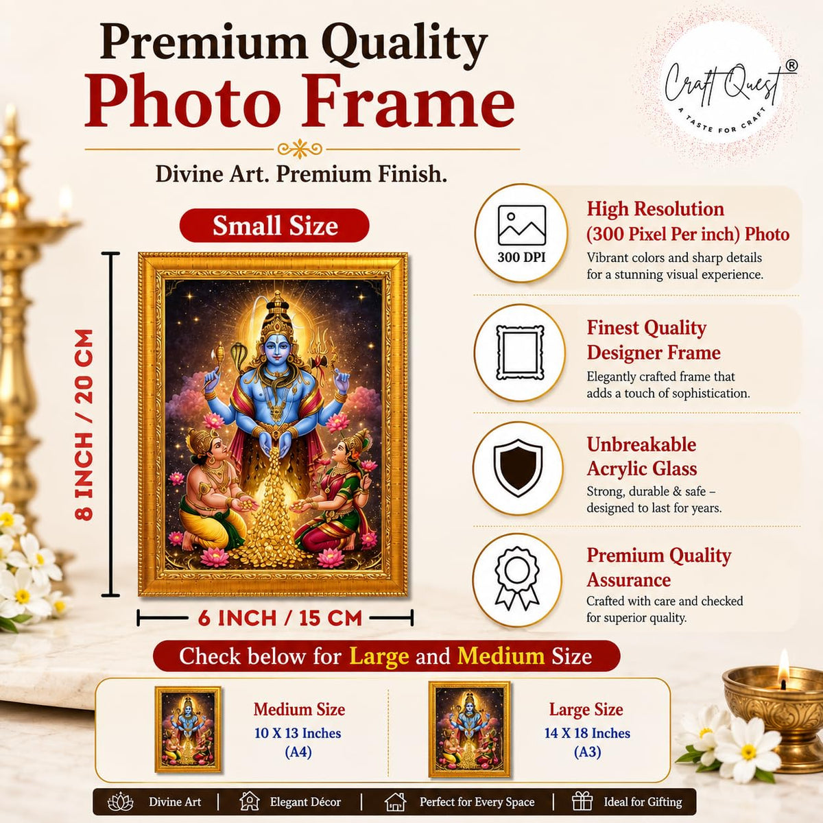 CRAFT QUEST Swarnakarshana Bhairava Swamy With Lakshmi Devi and Kuber Bhagwan Religious Wall Photo Frame |Dhan Bhairav Frame for Home, Office, Temple & Gifting
