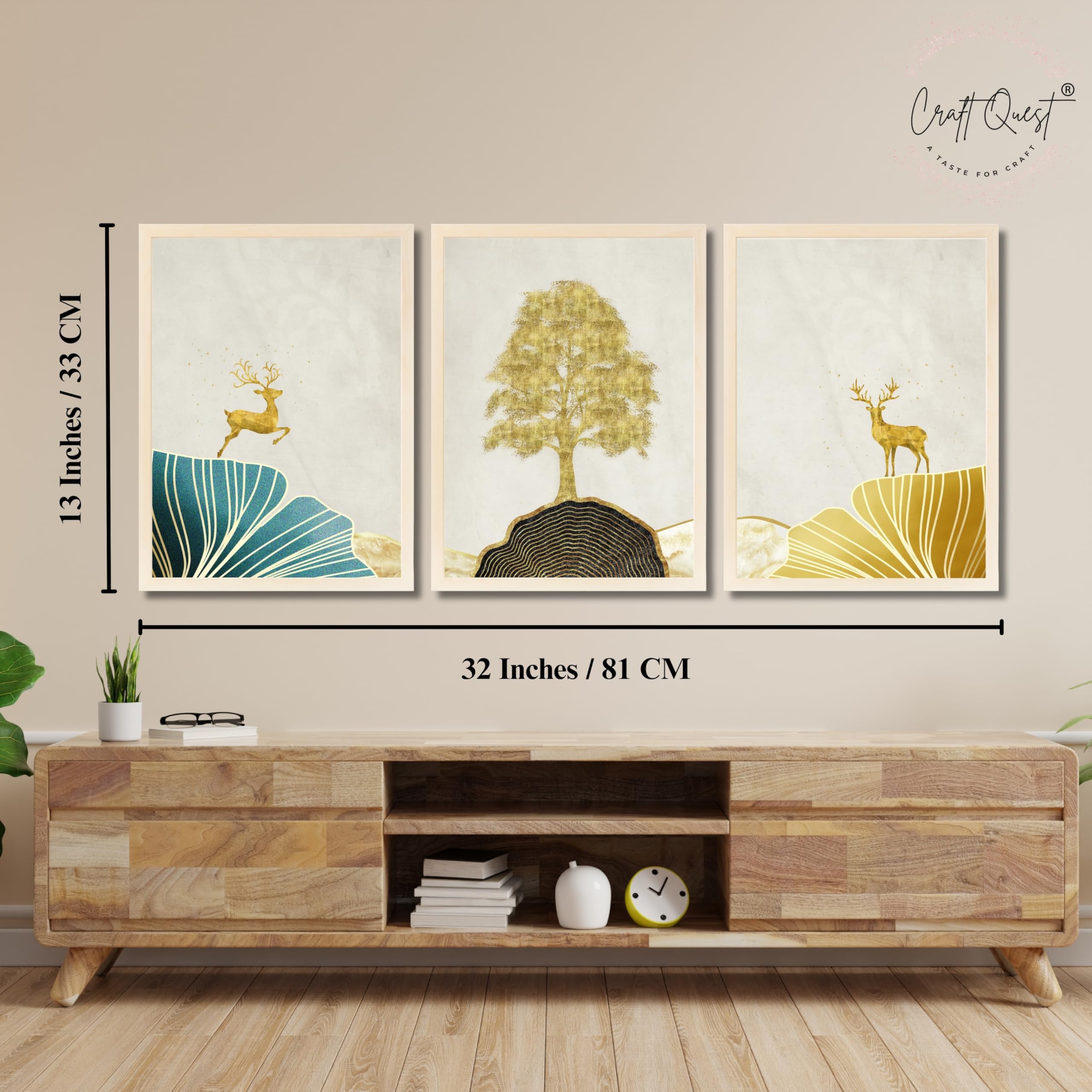 CRAFT QUEST Modern Art Landscape Of Golden Tree & Deer Wall Art | Set of 3 Frames for Home Decoration | Ideal for Living Room, Bedroom & Offices