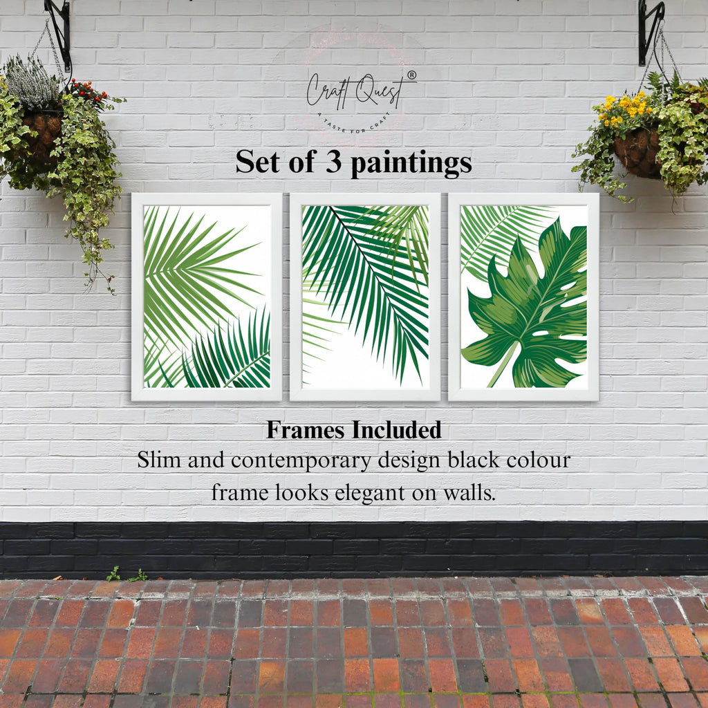 CRAFT QUEST Nature Inspired Tropical Palm Leaf Modern Wall Art | Set of 3 Frames for Home Decoration | Ideal for Living Room, Bedroom & Offices