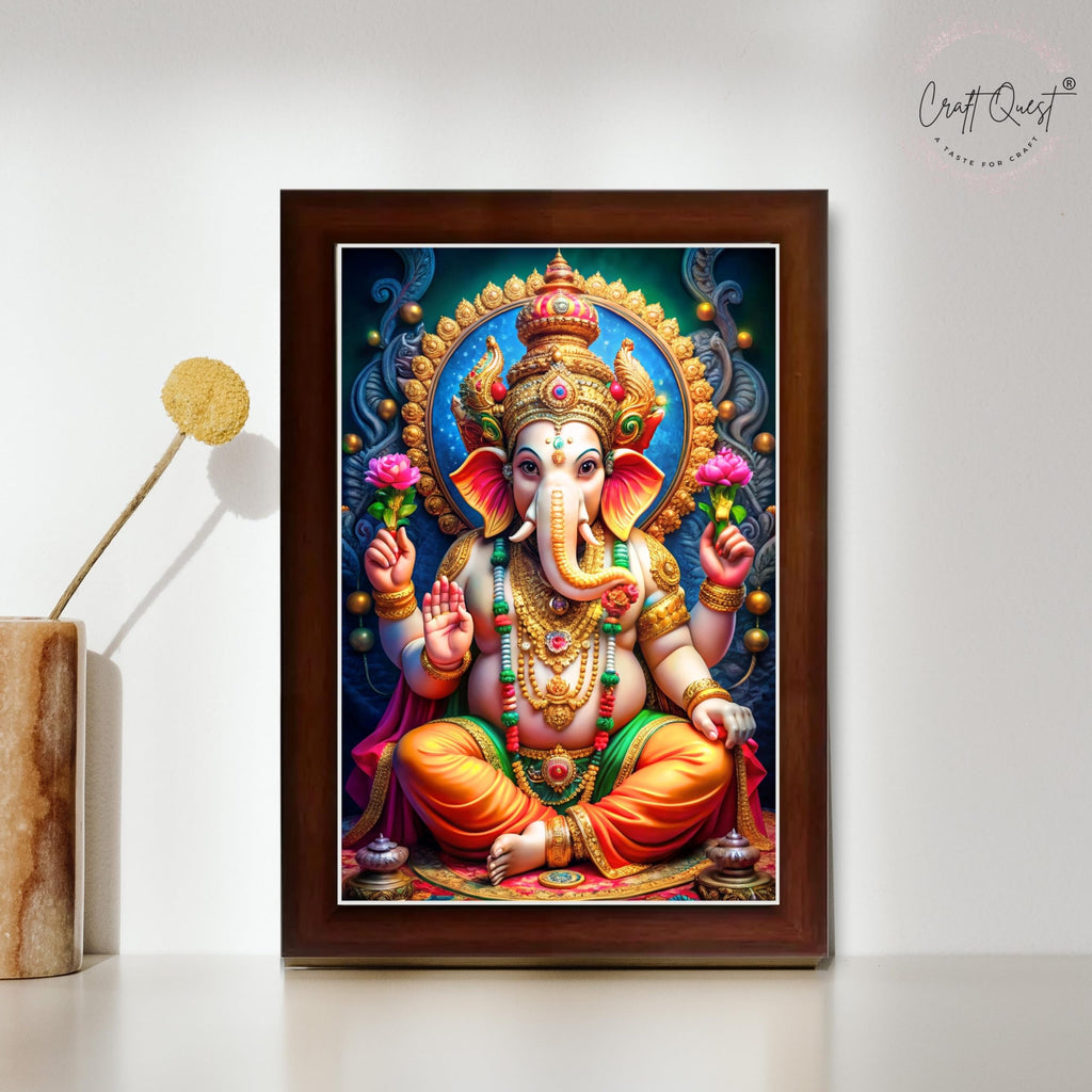 CRAFT QUEST Laminated God Ganpati ji Photo Frame Wall Decor Mandir Pooja Poster Religious Painting Divine Hindu Temple Decoration Spiritual Blessings Home Office Gift