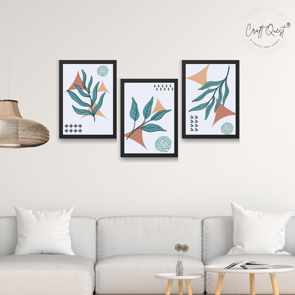 CRAFT QUEST Nature Inspired Botanical Wall Art Abstract Leaves Wall Art | Set of 3 Frames for Home Decoration | Ideal for Living Room, Bedroom & Office