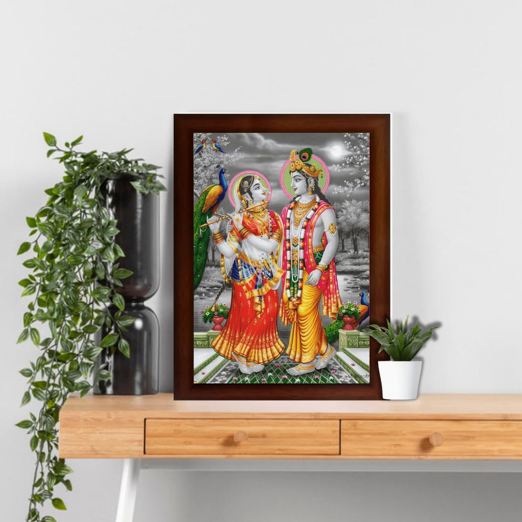Craft Quest Radha Krishna Sparkle Coated Home Decorative Gift Item Framed Painting (10 X 14 Inches, Brown) RK1013-15