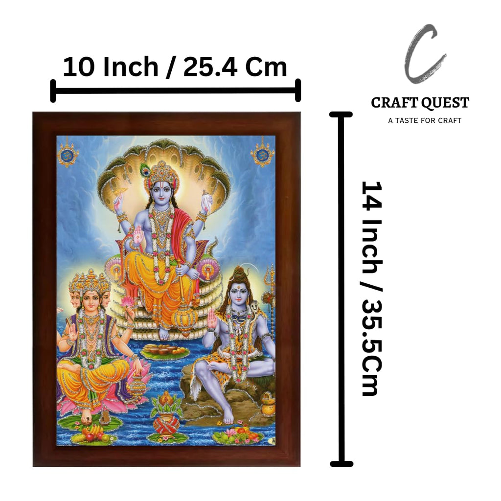 CRAFT QUEST Lord Brahma Vishnu and Mahesh Wall Art, HD Printed Religious & Decor Picture with Frame (14 x 10 Inches, Brown Wood)