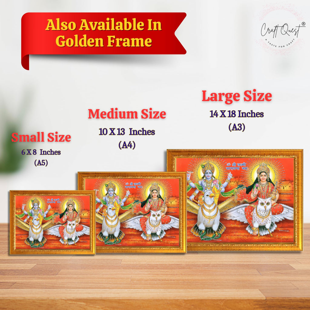 CRAFT QUEST Lord Vishnu and Goddess Lakshmi Giving Blessing on Garud Jii, Glitter Work Painting wooden frame