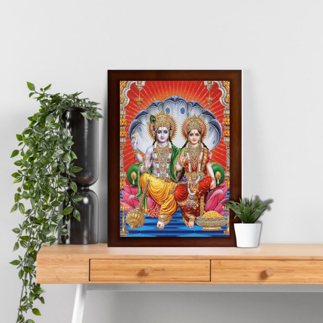 Craft Quest Lord Vishnu and Goddess Lakshmi Giving Blessing, Glitter Work Painting with Plane Brown Frame (14 X 10 Inches, Brown Wood)