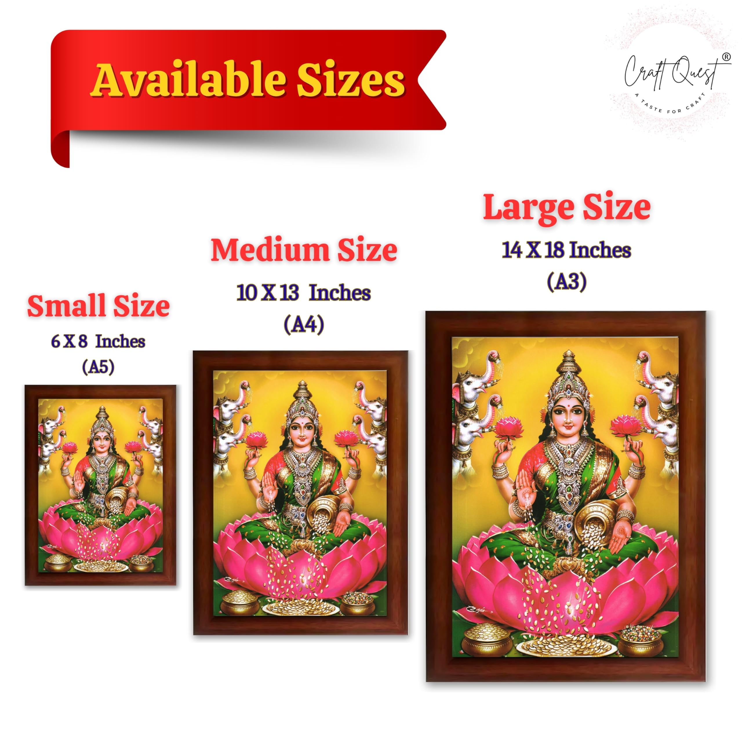 CRAFT QUEST Goddess Lakshmi Mata Devi Vaibhav Laxmi Maa Wall Painting Photo Framed | Ideal for Home, Office, Temple & Puja Room, Wall Decor