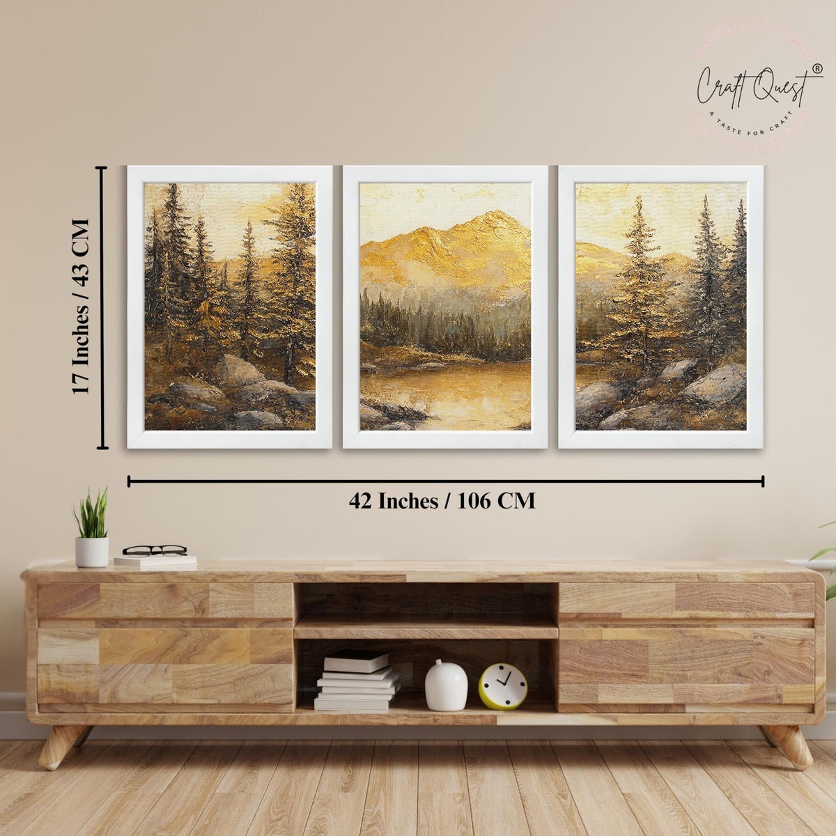 CRAFT QUEST Nature Inspired Painting Of Mountain With Trees Wall Art | Set of 3 Frames for Home Decoration | Ideal for Living Room, Bedroom & Office