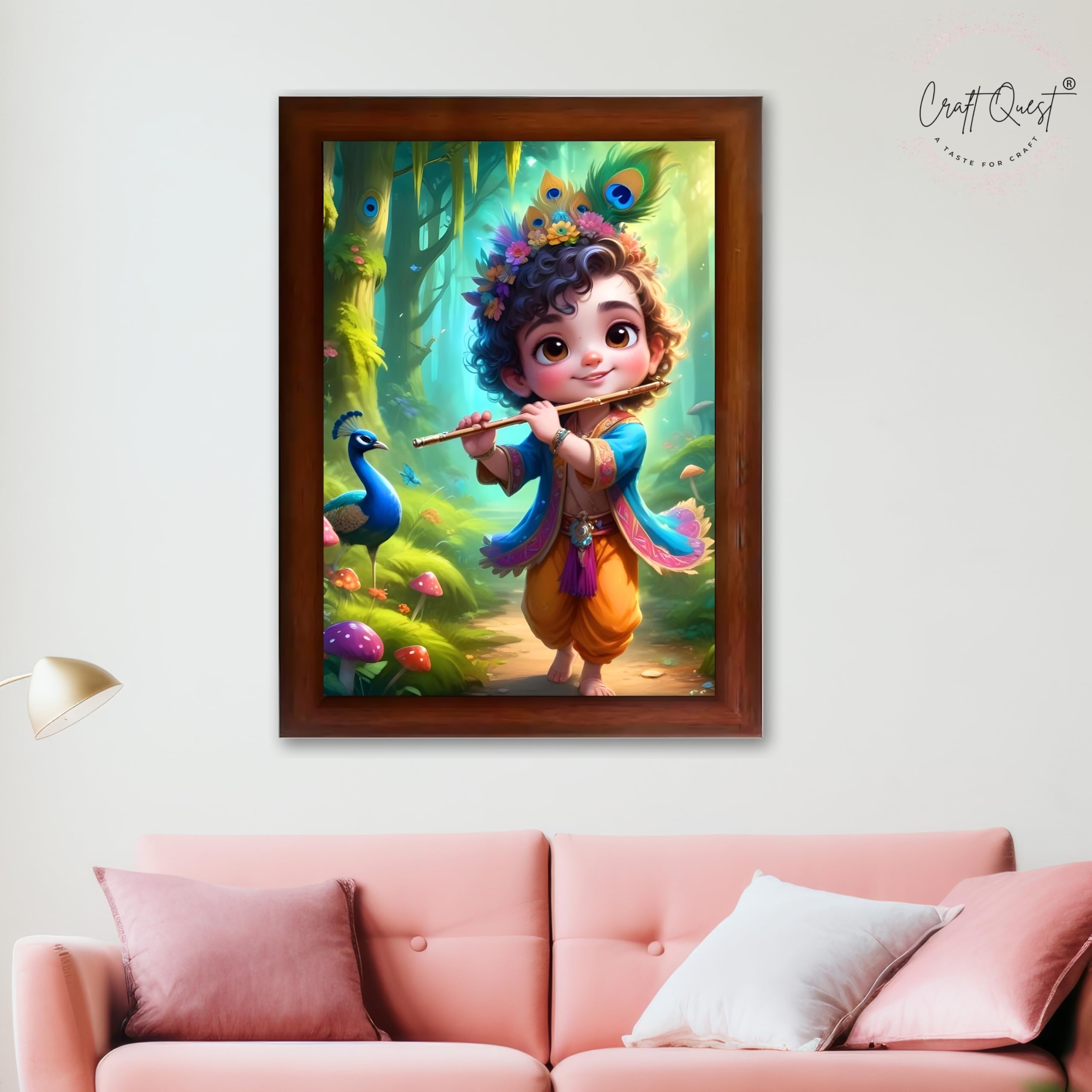 CRAFT QUEST Cute Little Krishna Frame | Bal Gopal HD Painting | Home Temple, Office Desk, Wall Décor Item