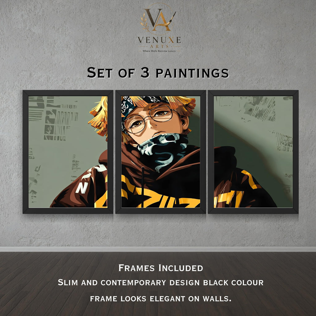 VENUXE ARTS Set Of 3 Anime Characters Wall Framed |Anime Characters Framed Poster for Living Room Bedroom Gaming Room Studio Wall Decor