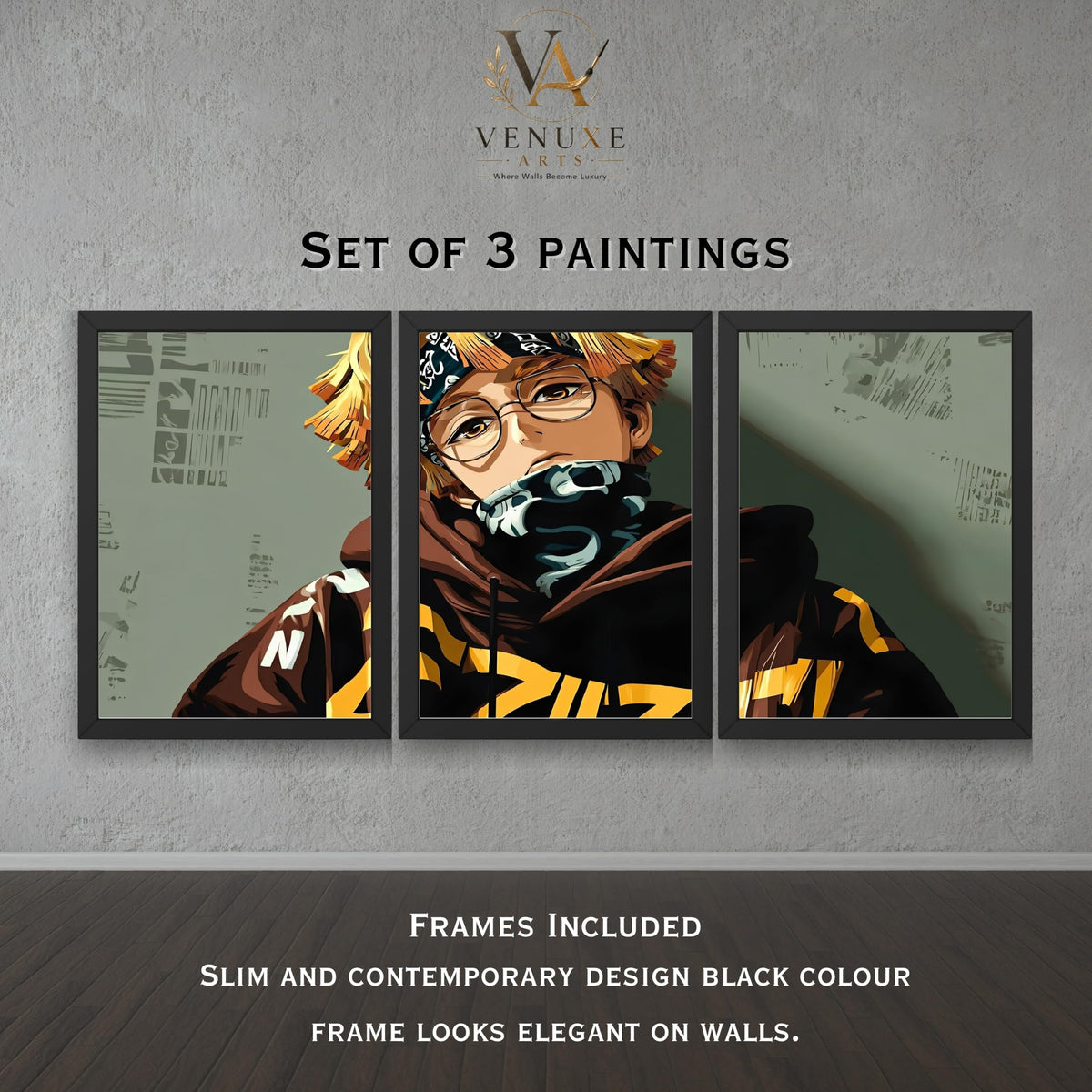 VENUXE ARTS Set Of 3 Anime Characters Wall Framed |Anime Characters Framed Poster for Living Room Bedroom Gaming Room Studio Wall Decor