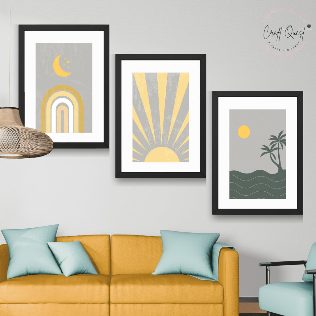 CRAFT QUEST Wall Art Decor Paintings | Set of 3 BOHO Wall Art Frames for Home Decoration | Ideal for Living Room, Bedroom & Offices