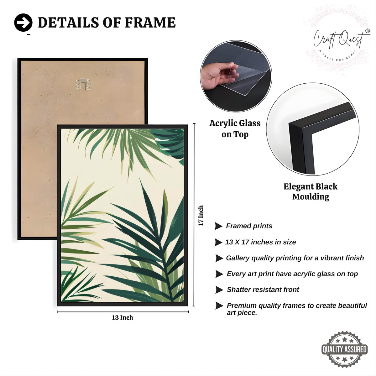 CRAFT QUEST Nature Inspired Tropical Palm Leaves Modern Wall Art | Set of 3 Frames for Home Decoration | Ideal for Living Room, Bedroom & Offices