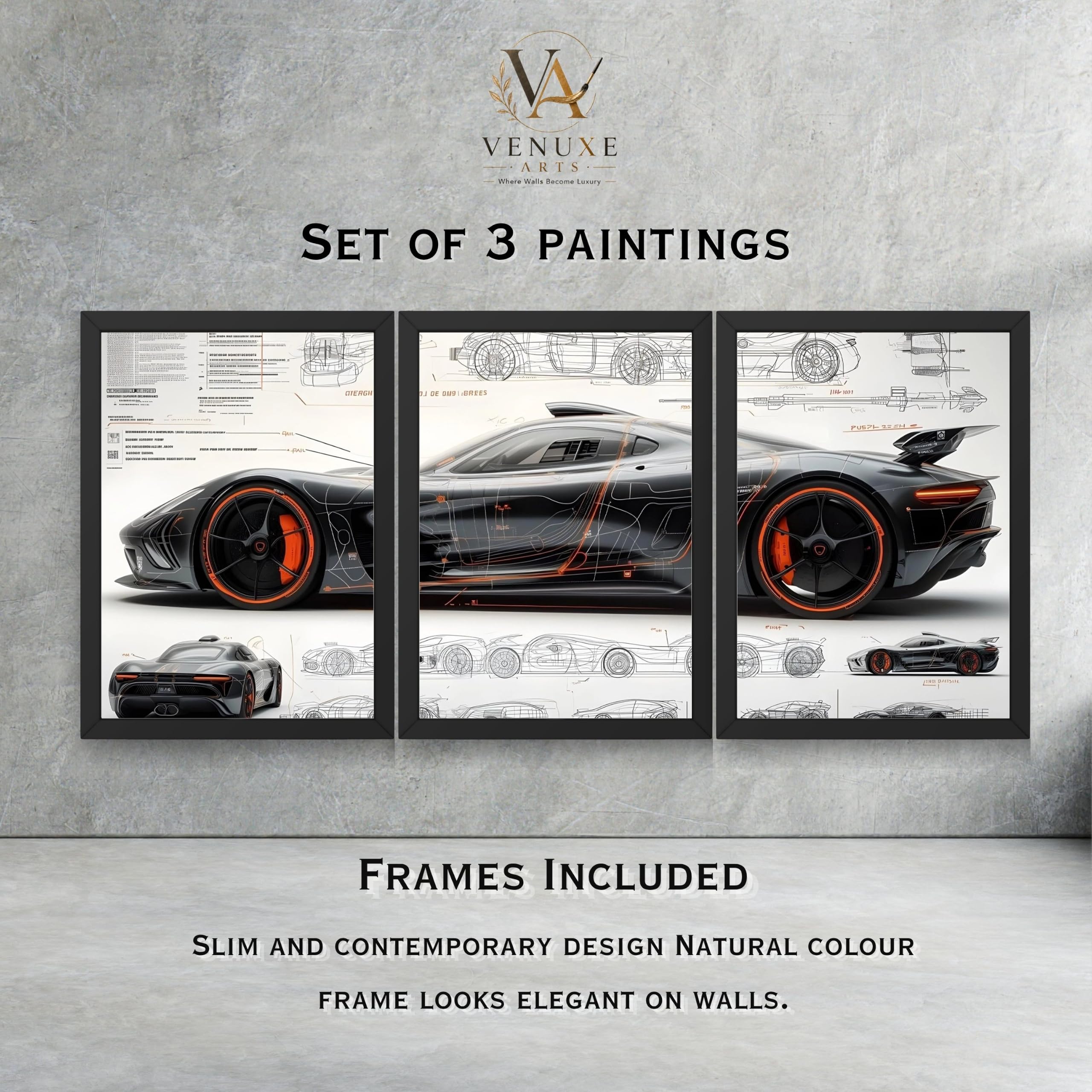 VENUXE ARTS Set Of 3 Big Sports Cars Framed Posters Gift Items for Boys Room Wall Decoration Bedroom Living Room Office Studio Décor | Car Poster Frame for Wall Décor