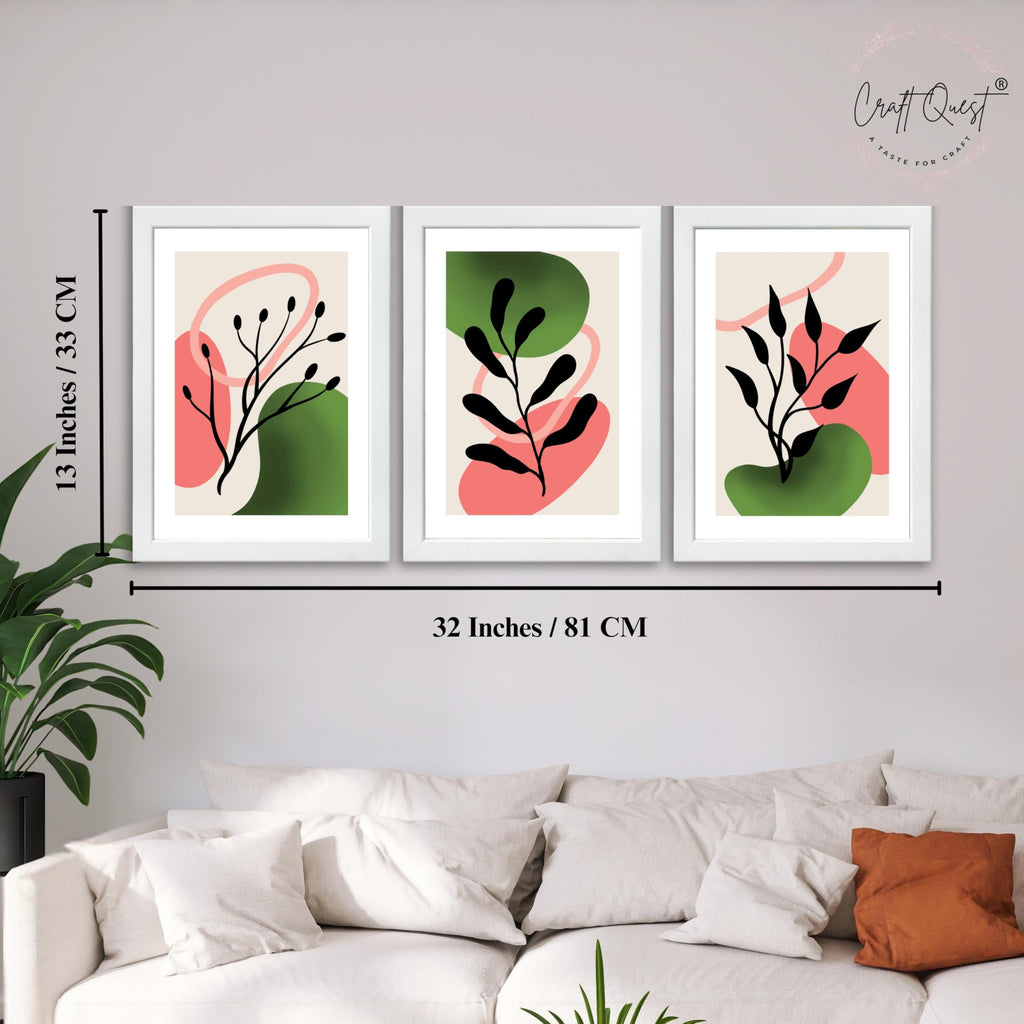 CRAFT QUEST Nature Inspired Abstract Shape & Leaf Wall Art | Set of 3 Frames for Home Decoration | Ideal for Living Room, Bedroom & Offices