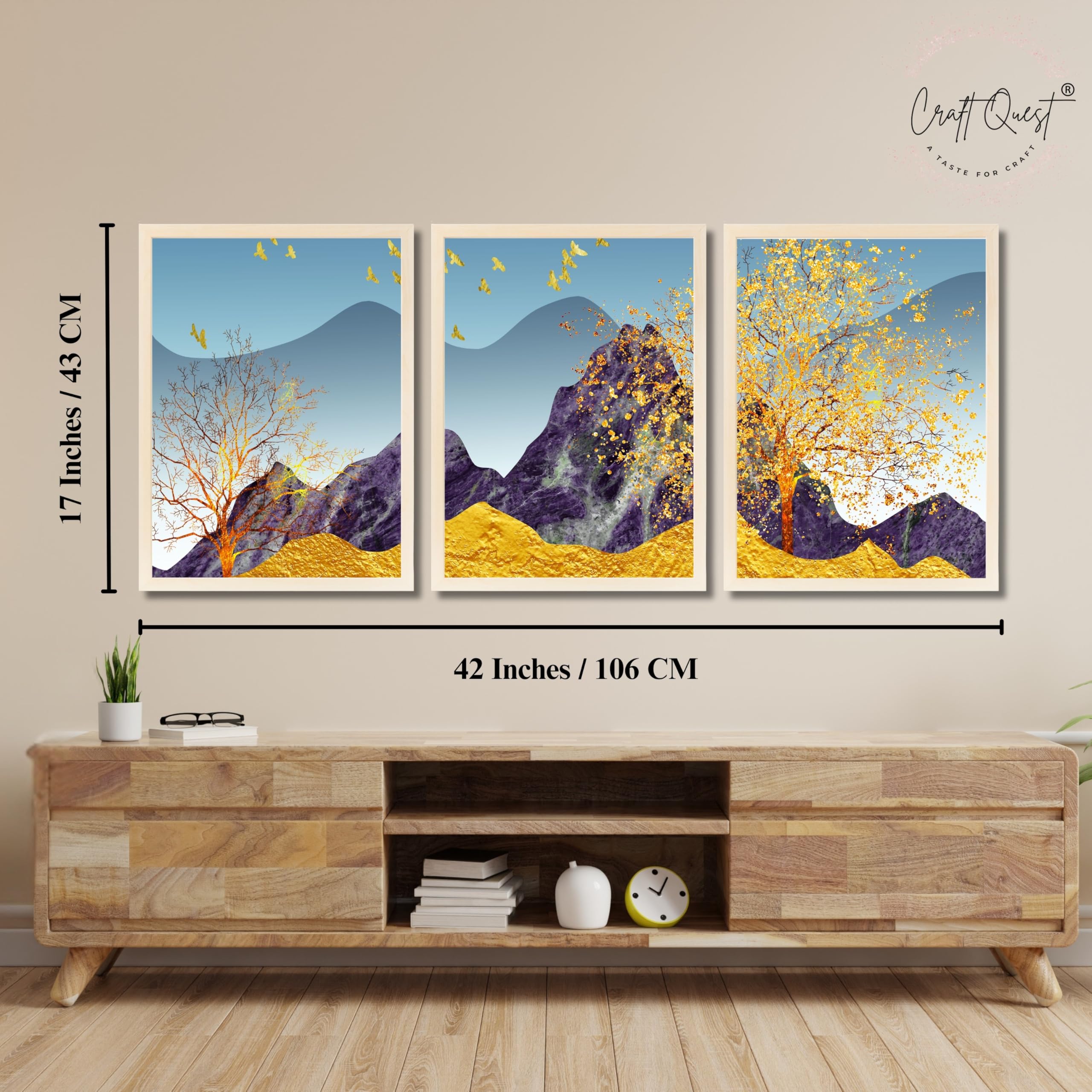 CRAFT QUEST Modern Art Abstract Porch Golden Trees Wall Art | Set of 3 Frames for Home Decoration | Ideal for Living Room, Bedroom & Offices
