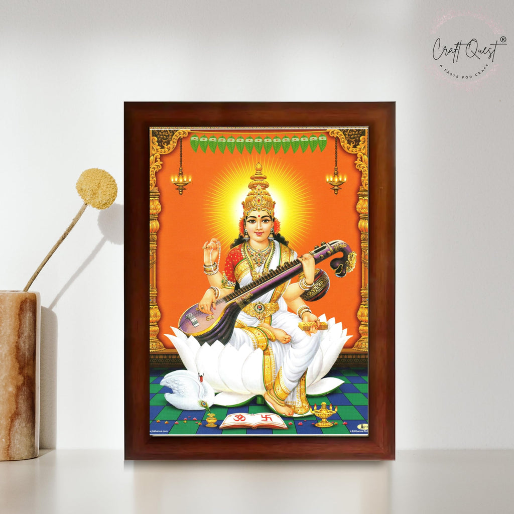 CRAFT QUEST Saraswati Devi Goddess Saraswathi Maa Wall Painting For Home Décor Synthetic wood Framed