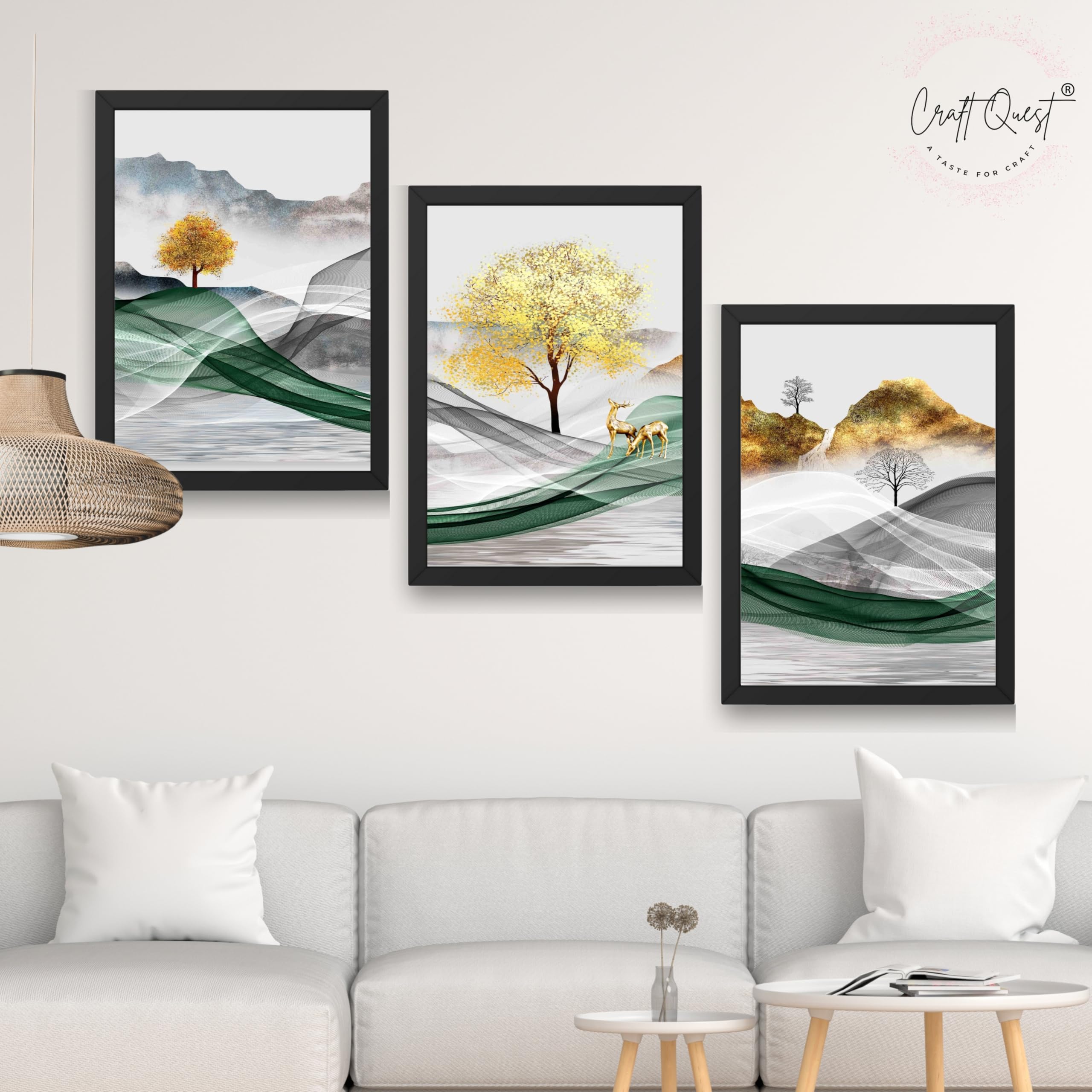 CRAFT QUEST Modern Art Landscapes Abstract Of Moose Golden Mural Wall Art | Set of 3 Frames for Home Decoration | Ideal for Living Room, Bedroom & Offices
