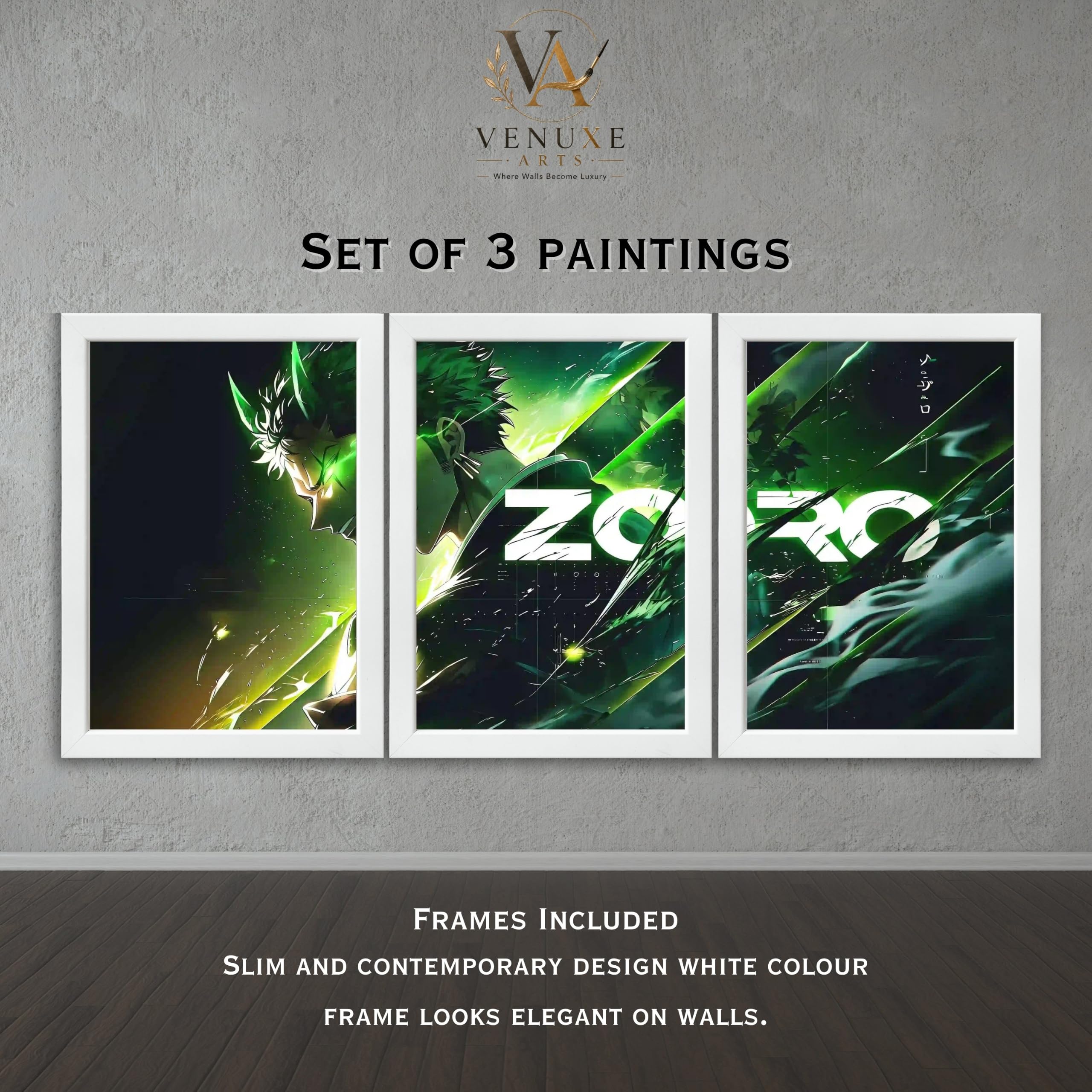 VENUXE ARTS Set Of 3 Anime Characters Wall Framed |Anime Characters Framed Poster for Living Room Bedroom Gaming Room Studio Wall Decor