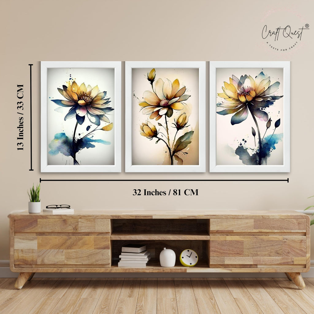 CRAFT QUEST Nature Inspired Triptych Flowers Abstract Wall Art | Set of 3 Frames for Home Decoration | Ideal for Living Room, Bedroom & Office