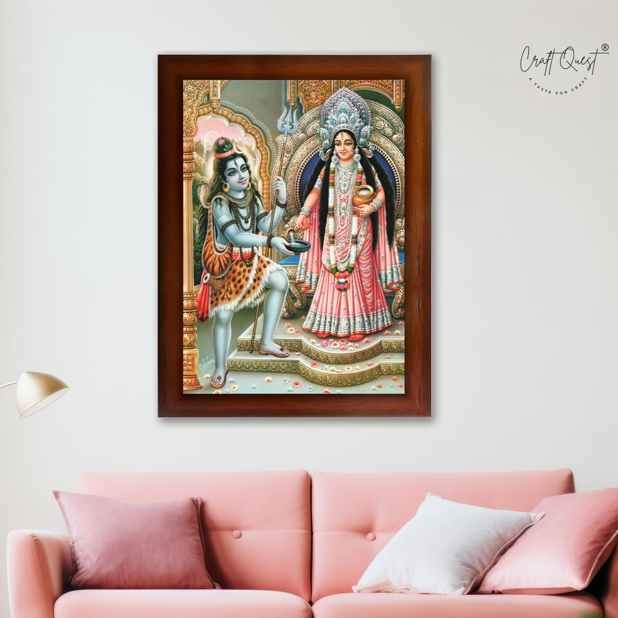 CRAFT QUEST Shiva & Maa Annapurna devi sitting on throne photo frame with Laminated Poster for Kitchen Worship
