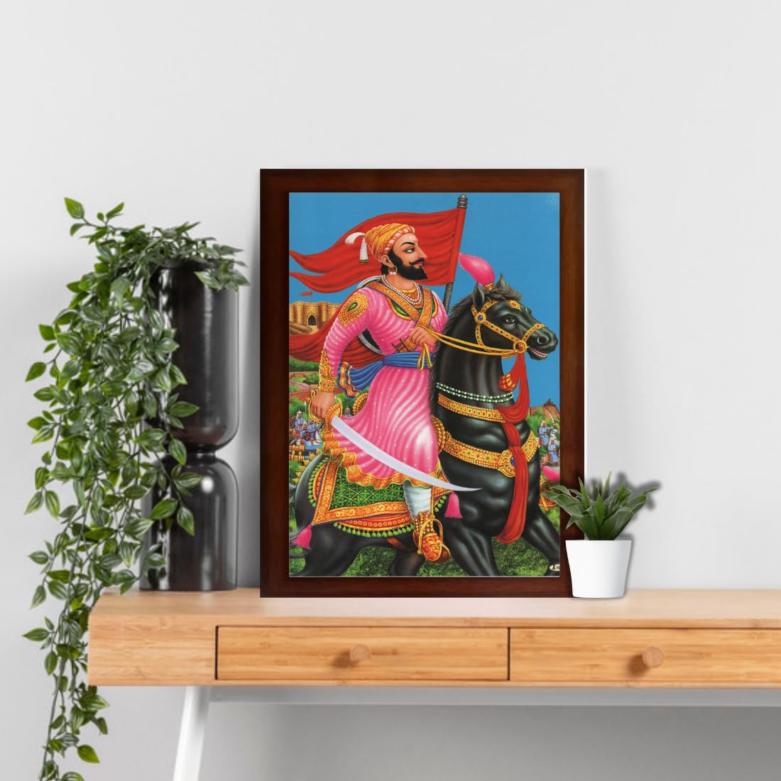 CRAFT QUEST Chhatrapati Shivaji Maharaj on Chetak photo frame Home Decorative items with synthetic frame (10X14 Inches, Brown, Religious)