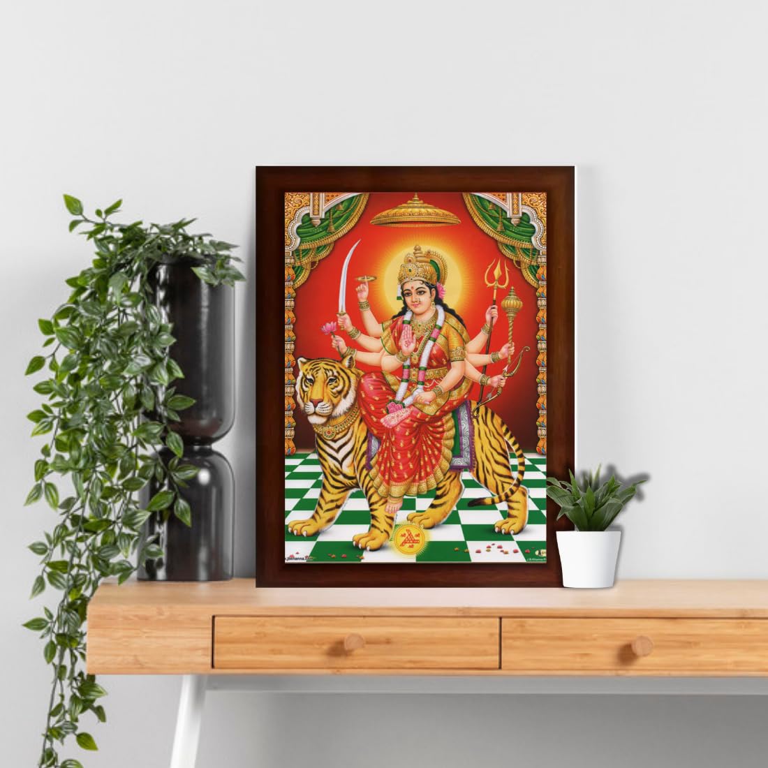 Craft Quest Durga mata photo with brown frame | God Religious Framed Painting (Large Size 14 X 10 Inches. Multicolour)