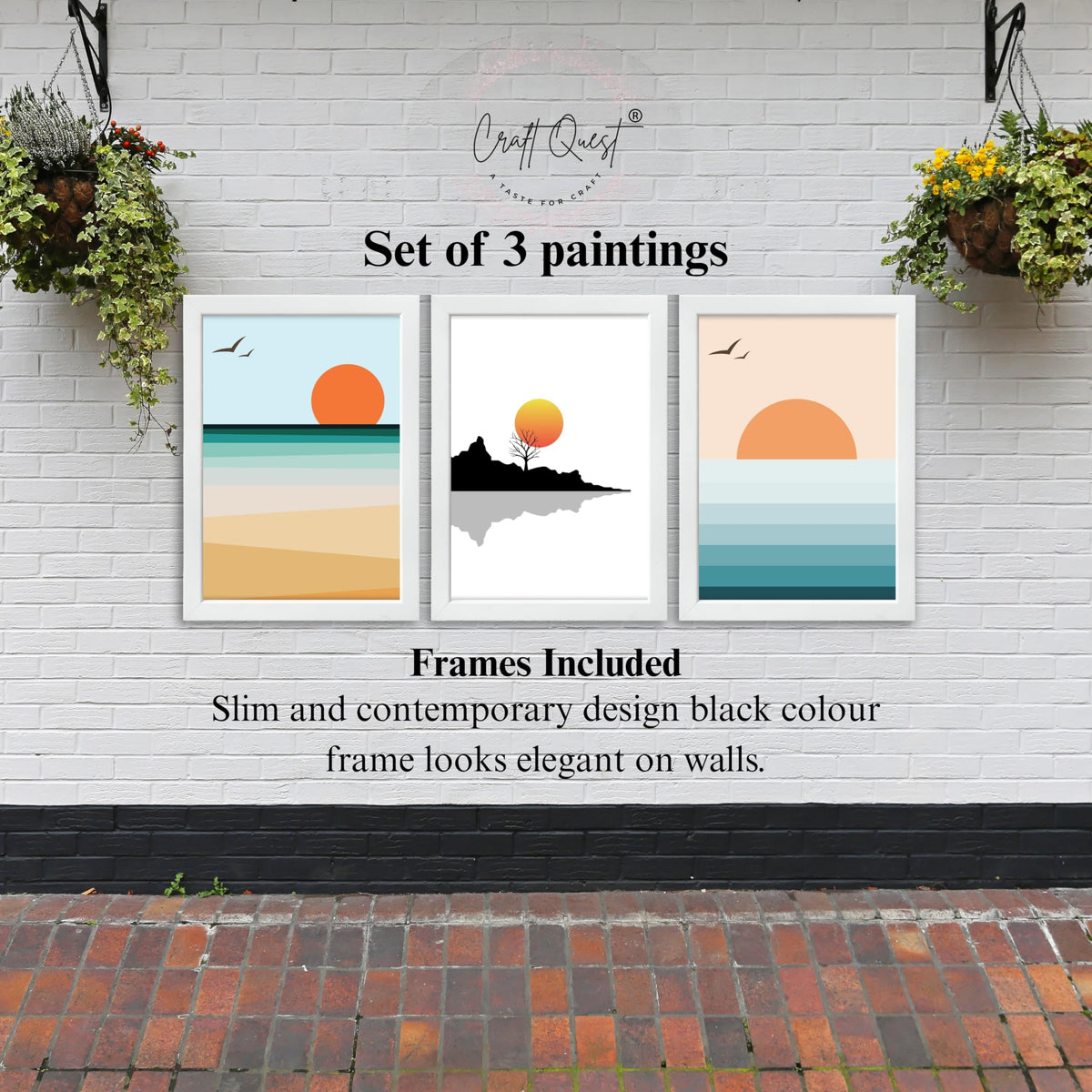 CRAFT QUEST Nature Inspired Abstract Of Sunset Wall Art | Set of 3 Frames for Home Decoration | Ideal for Living Room, Bedroom & Offices