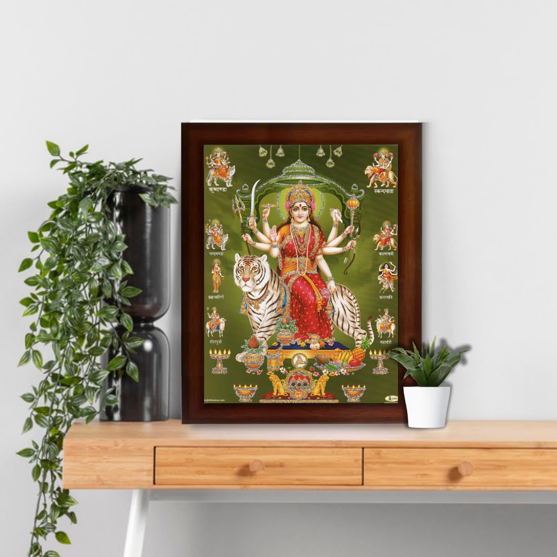 CRAFT QUEST Nav Durga mata photo with frame, God Religious Framed Painting (Large Size, Brown 14 X 10 Inches. Multicolour)