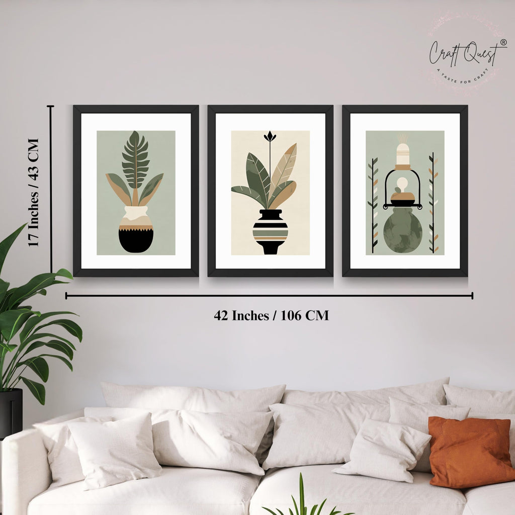 CRAFT QUEST Boho Leaves & Flowers Geometric Abstract | Set of 3 Frames for Home Decoration | Ideal for Living Room, Bedroom & Offices
