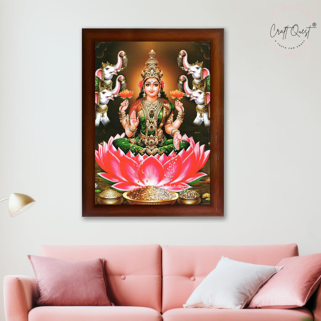 CRAFT QUEST Goddess Lakshmi Devi Vaibhav Laxmi Maa Wall Painting Photo Framed | Ideal for Home, Office, Temple & Puja Room, Wall Decor