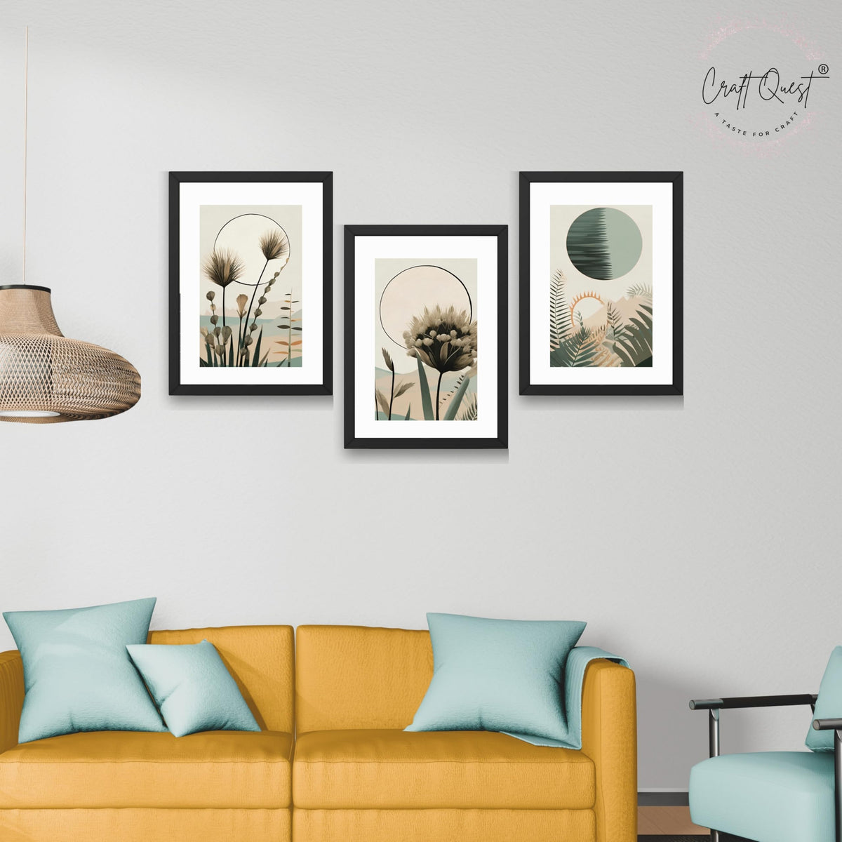 CRAFT QUEST Boho Abstract Flowers & Leaves | Set of 3 Frames for Home Decoration | Ideal for Living Room, Bedroom & Offices