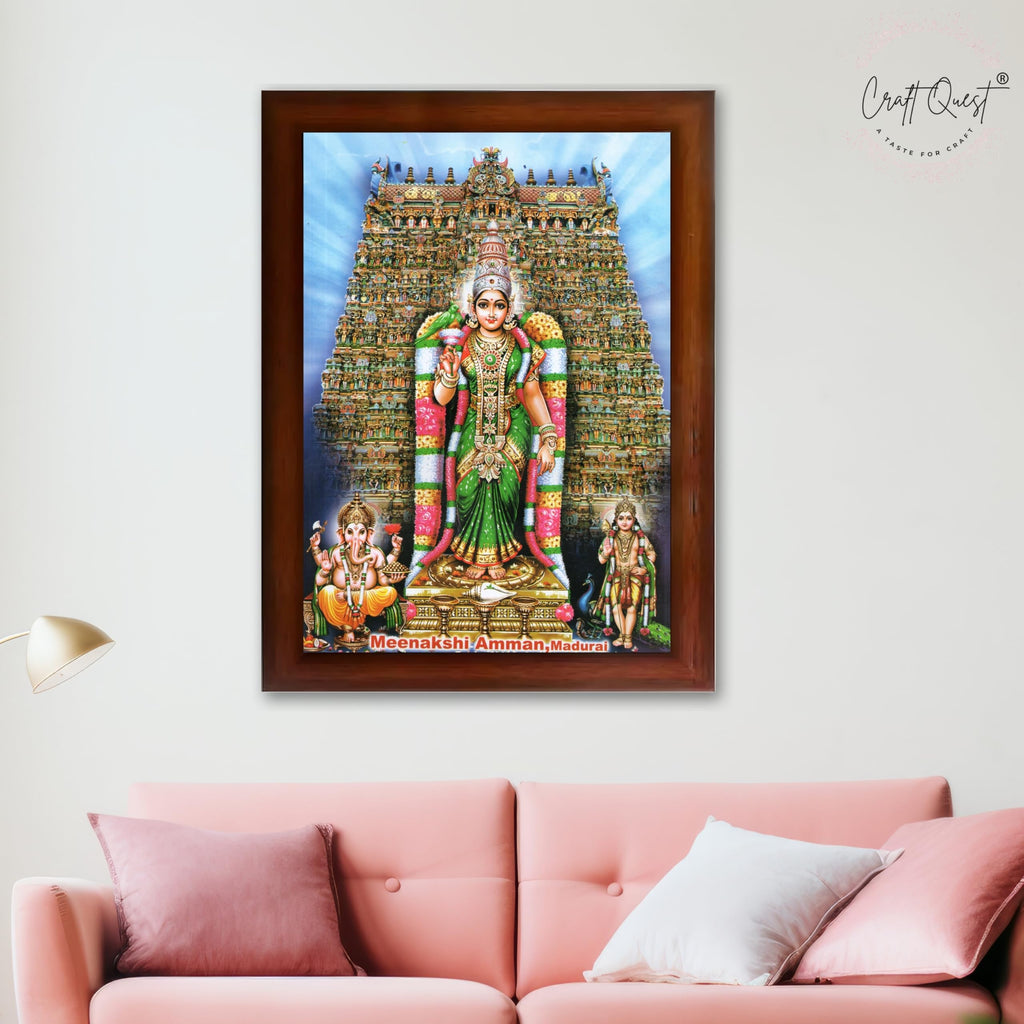CRAFT QUEST Madurai Meenakshi Amman Madhura Meenatchi Wall Painting Framed Home Decor | South God Picture Frame for Home, Office, Temple & Gifting, Decor