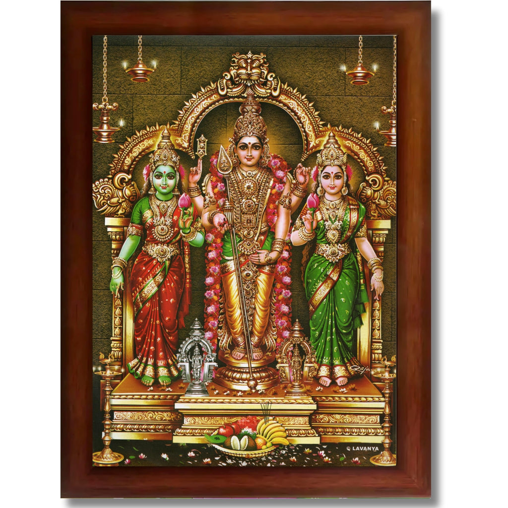 CRAFT QUEST Lord Murugan Valli Deivanai Subramanya Swamy Wall Painting Photo Framed | South God Picture Frame for Home, Office, Temple & Gifting, Decor