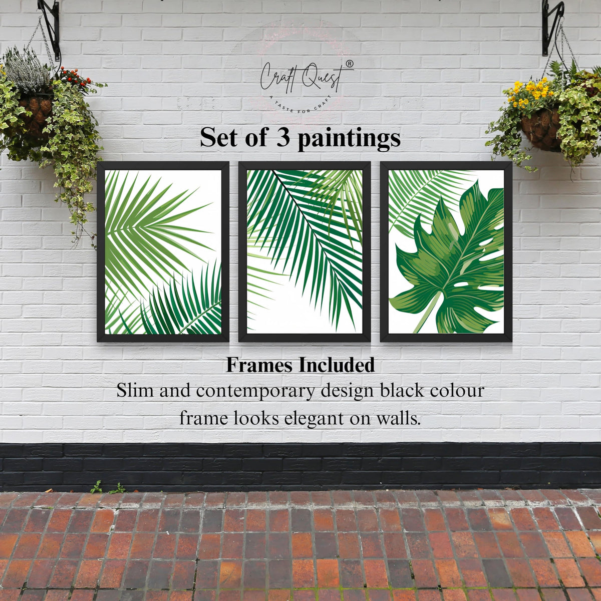 CRAFT QUEST Nature Inspired Tropical Palm Leaf Modern Wall Art | Set of 3 Frames for Home Decoration | Ideal for Living Room, Bedroom & Offices