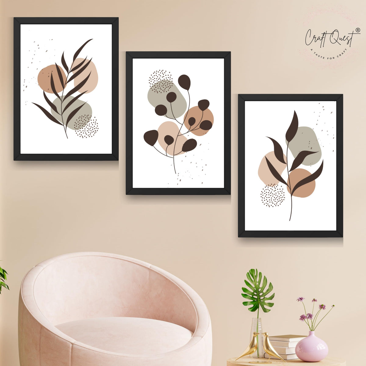 CRAFT QUEST Wall Art Decor Paintings | Set of 3 BOHO Wall Art Frames for Home Decoratio | Ideal for Living Room, Office & Bedroom