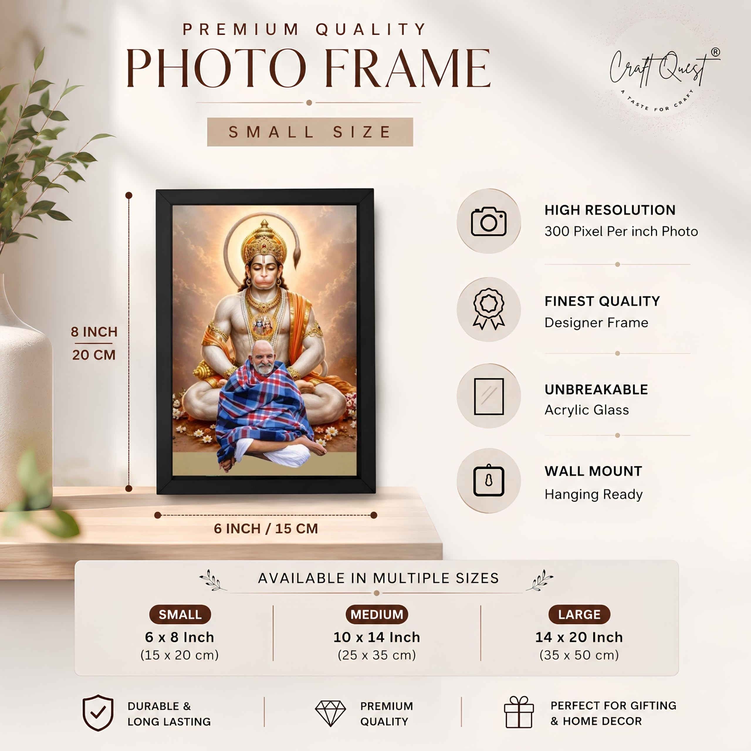 CRAFT QUEST Neem Karoli Baba Maharaj Ji Smiling Portrait Photo Frame for Wall | Spiritual Guru Religious Wall Art | Devotional Photo for Home, Mandir, Puja Room & Gifting