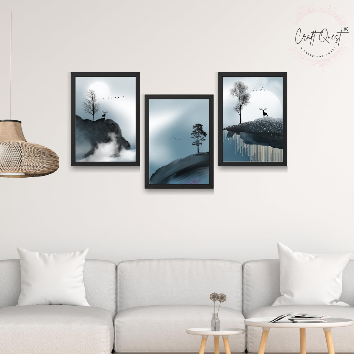 CRAFT QUEST Modern Art Geometric Ink Abstract Wall Art | Set of 3 Frames for Home Decoration | Ideal for Living Room, Bedroom & Offices
