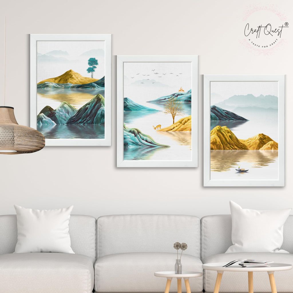 CRAFT QUEST Modern Art Abstract Geometric Gold Lines Wall Art | Set of 3 Frames for Home Decoration | Ideal for Living Room, Bedroom & Offices
